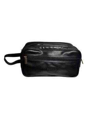 Buxton Travel Toiletry Bag Black Leather Mens Zippered Compartments Handle 11"
